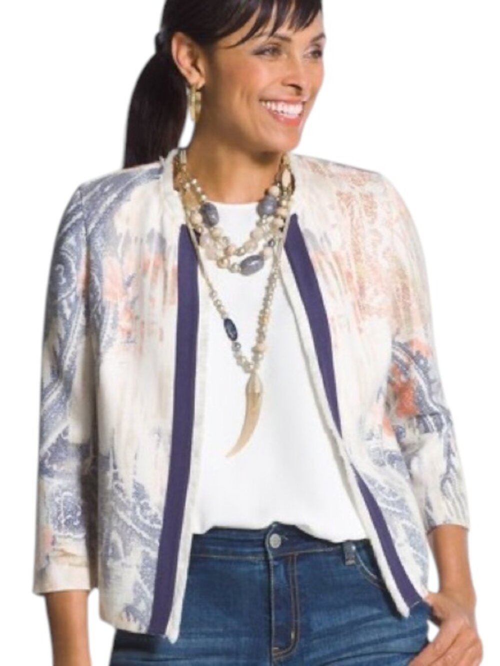 Chico's Linen Blend Watercolor Open Front Fringe Trim Blazer Jacket